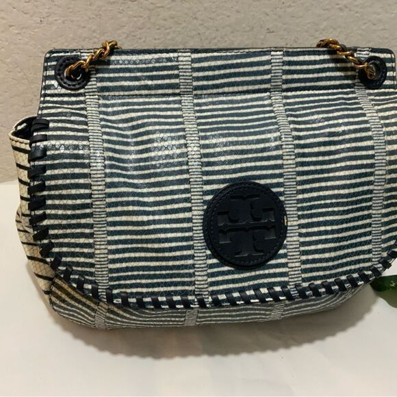 TORY BURCH MARION PATCHWORK SADDLEBAG Blue white liknew - Picture 11 of 16